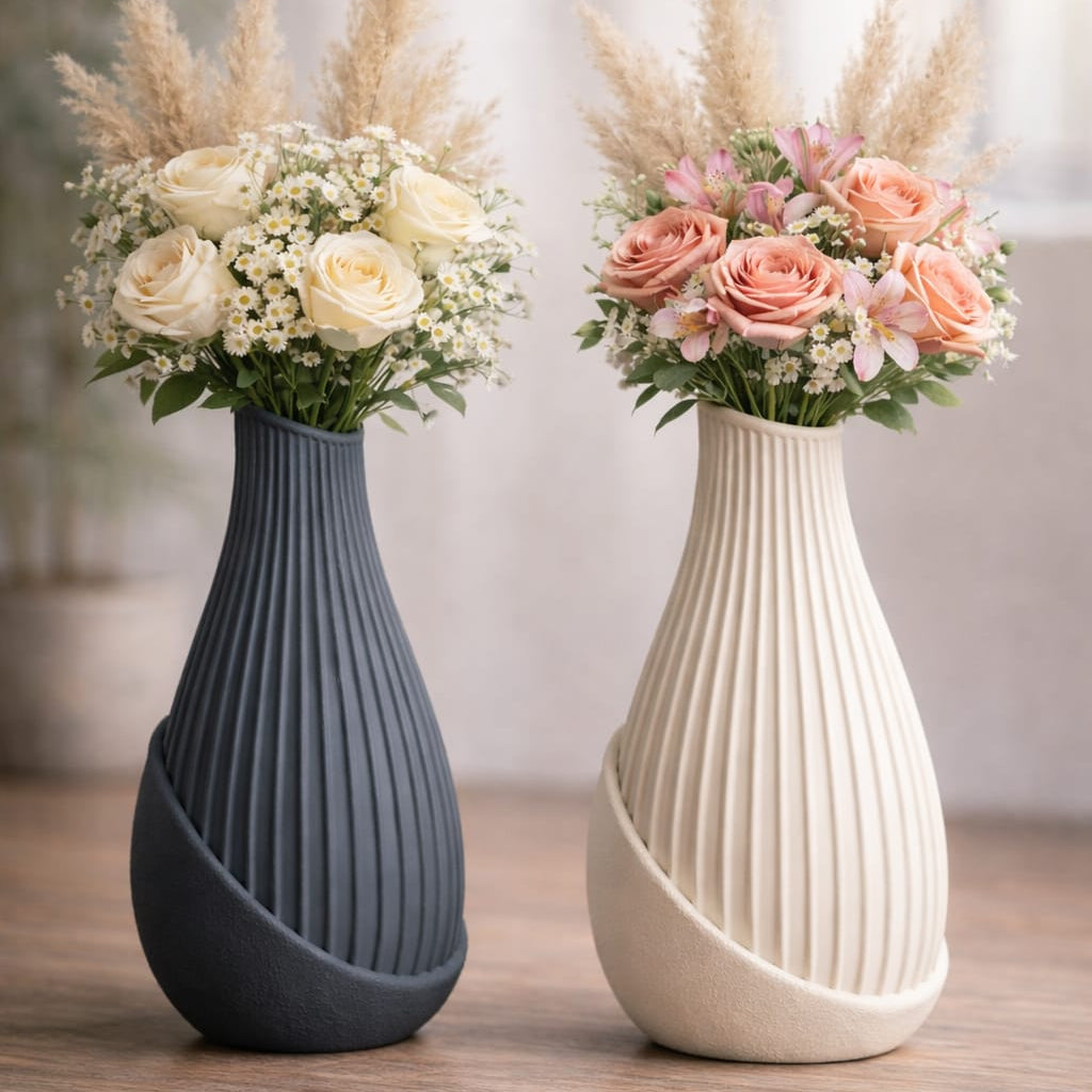 Modern Ribbed Spiral Vase Set of 2