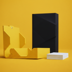Yellow and black geometric shapes on a yellow background