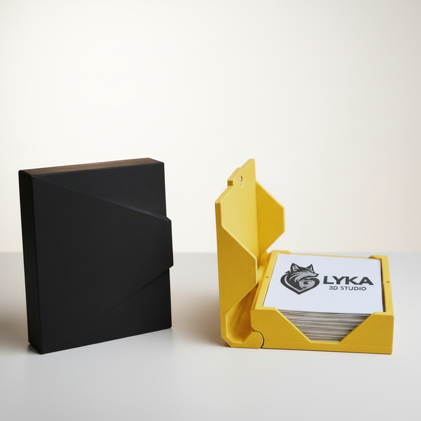 Black and yellow geometric packaging with LYKA 3D Studio branding on a yellow background