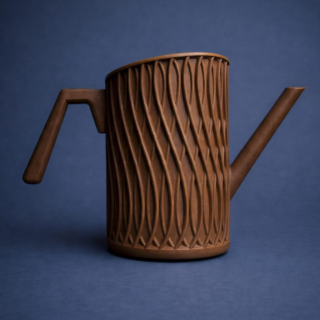 Brown ceramic Style 3D Printed watering can on a Matte Blue background