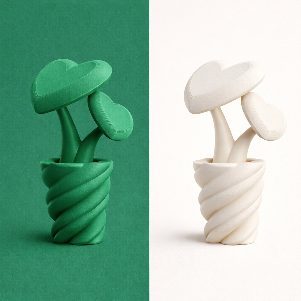 Three mushroom-shaped objects in blue, green, and white on a solid background