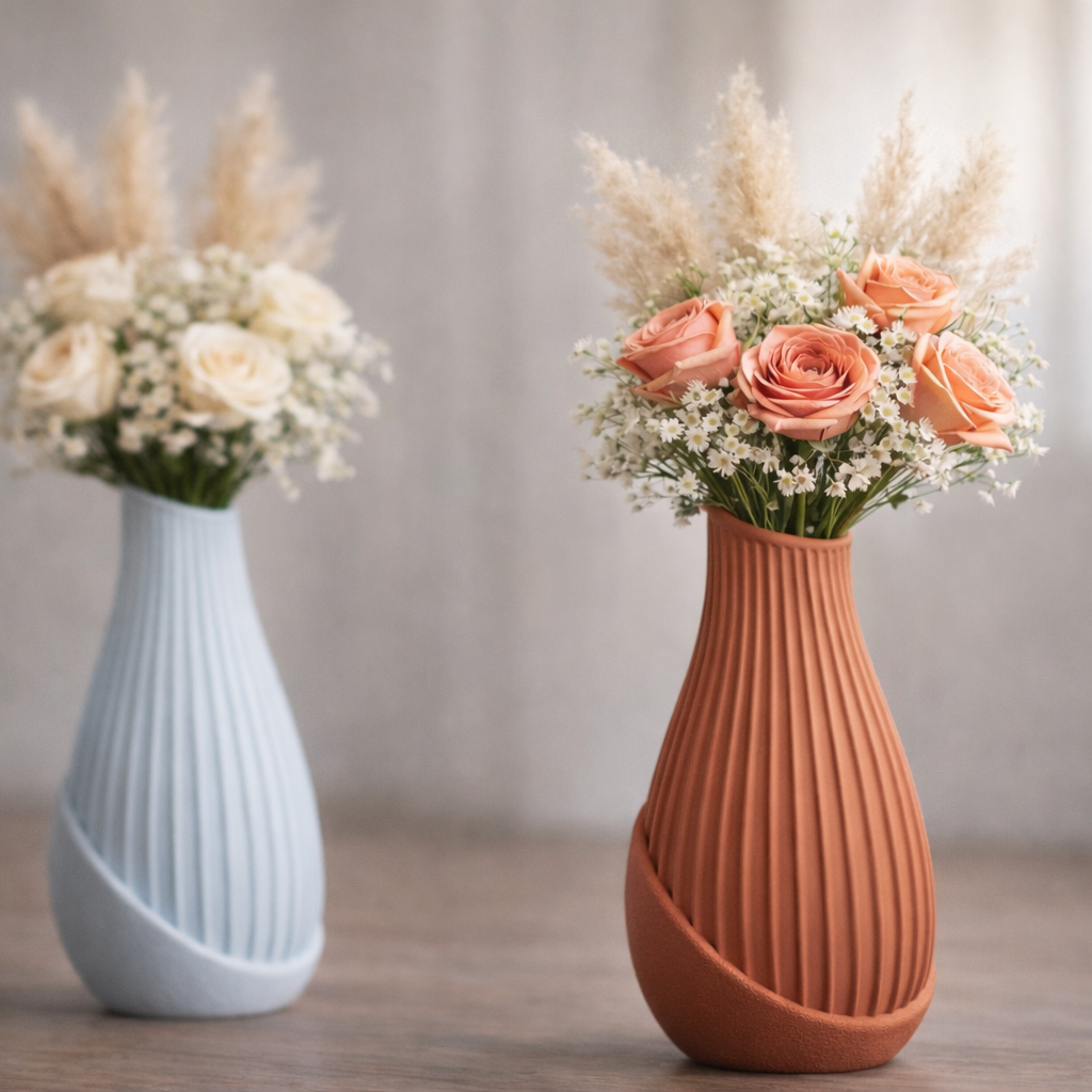 Modern Ribbed Spiral Vase Set of 2