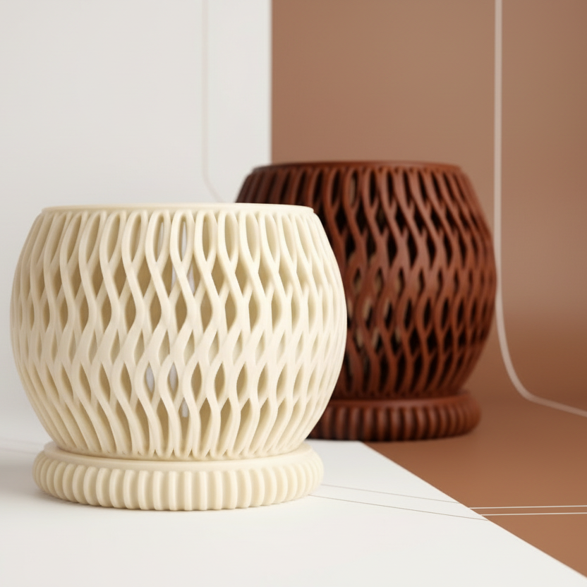 Two ceramic pots with textured designs on a brown background