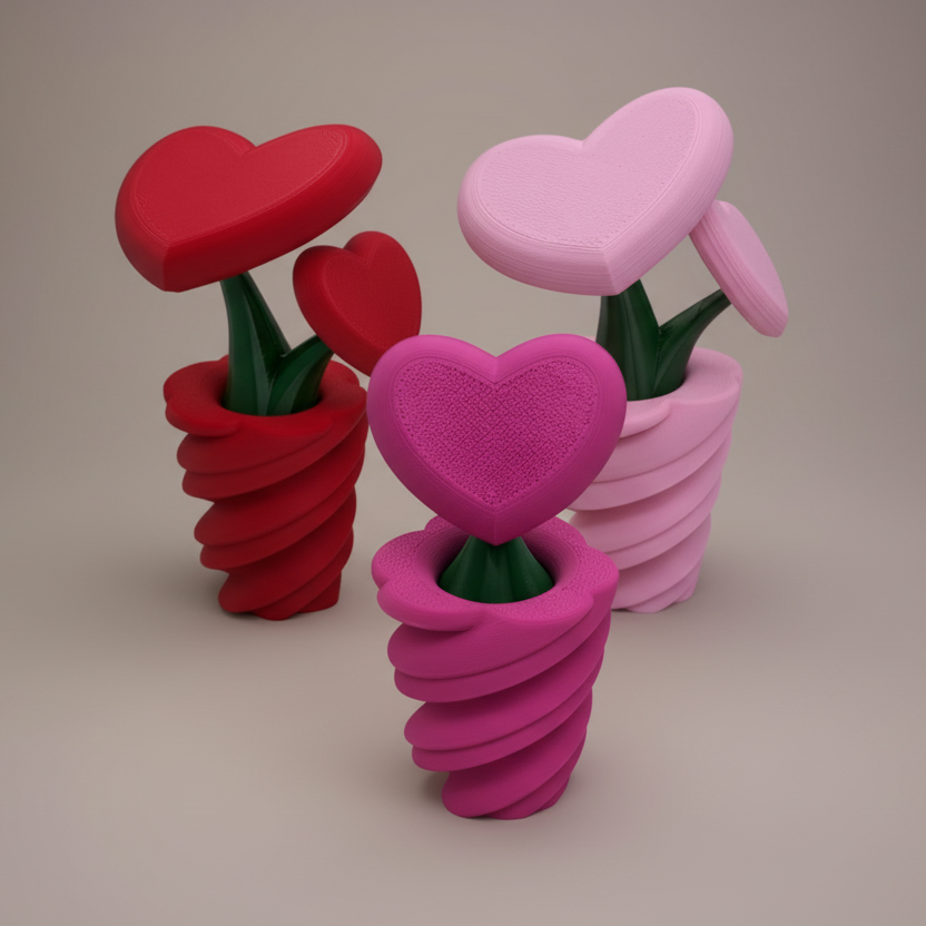 Heart-shaped flower pots on a purple background