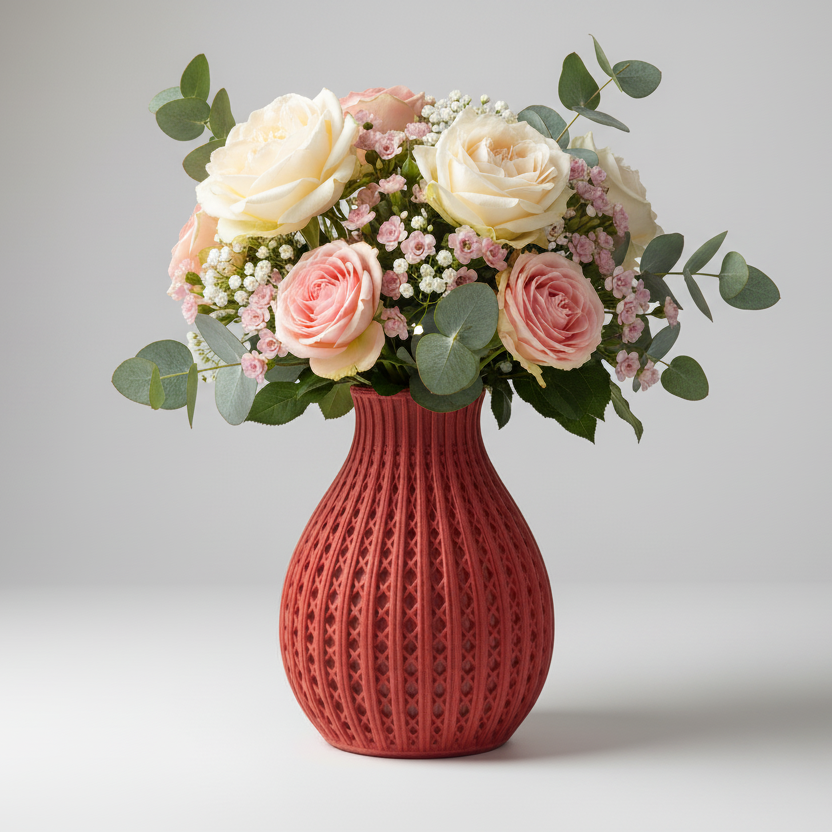 Red textured vase on a light gray background
