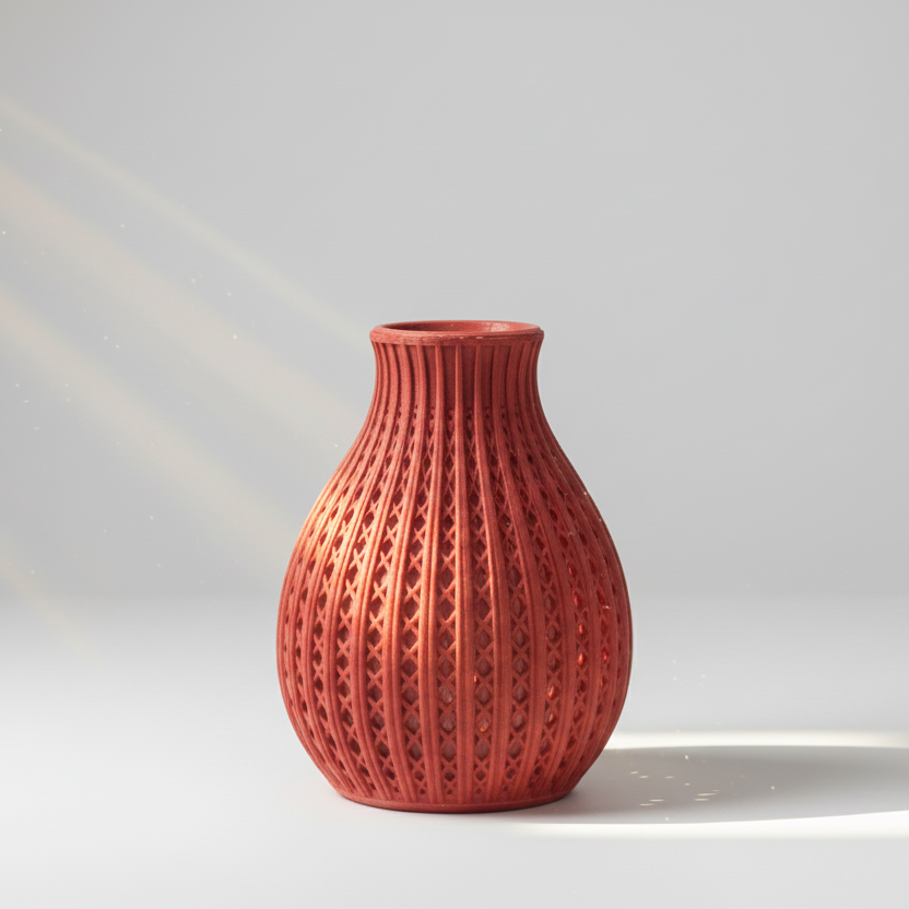 Red textured vase on a light gray background