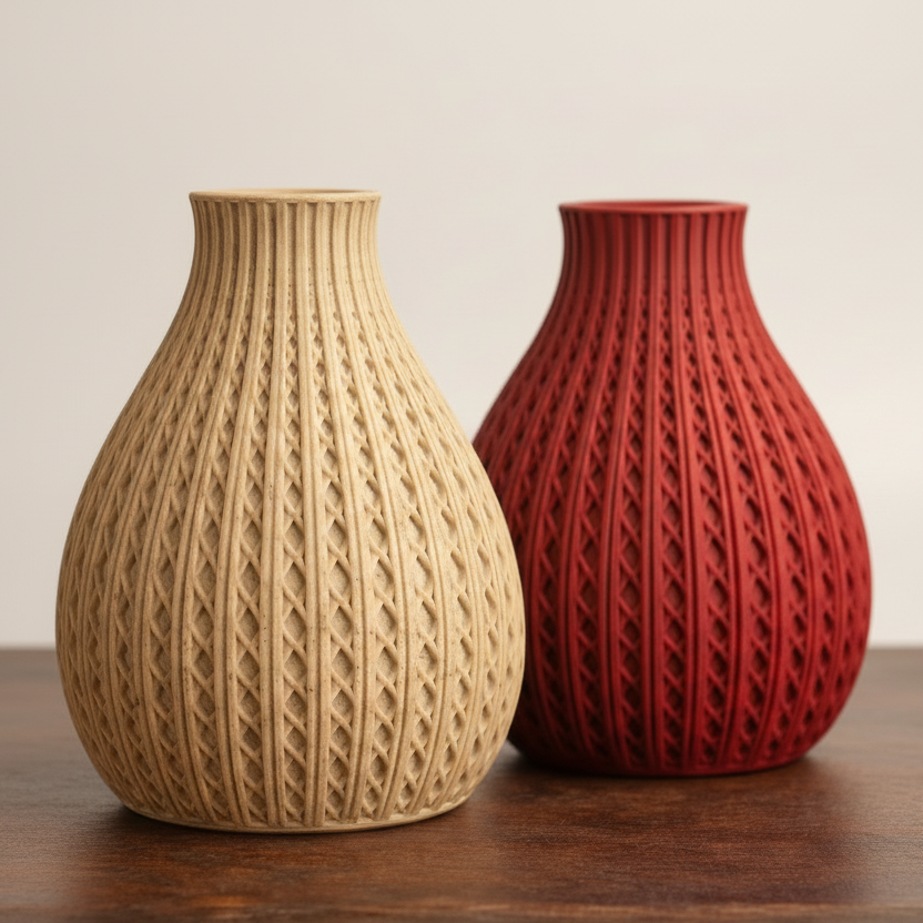 Two textured vases, one beige and one red, on a wooden surface with a warm background.