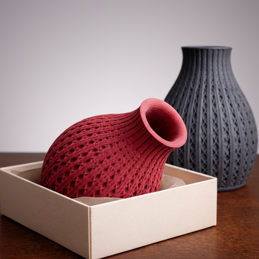 Red textured vase in a box with a gray woven vase in the background