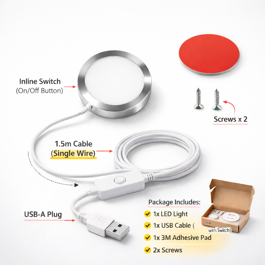 USB LED Puck Light Lamp Kit – Warm White Surface Mount with Switch