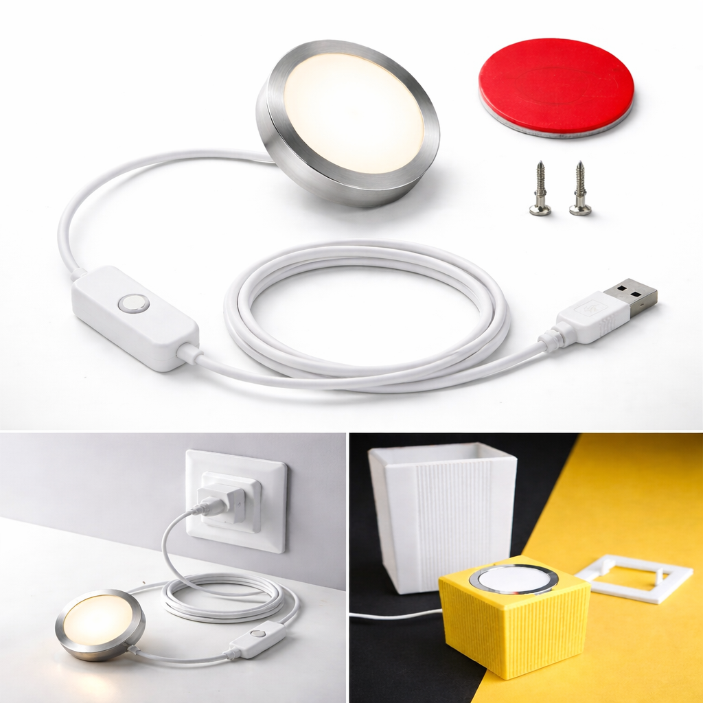 USB LED Puck Light Lamp Kit – Warm White Surface Mount with Switch